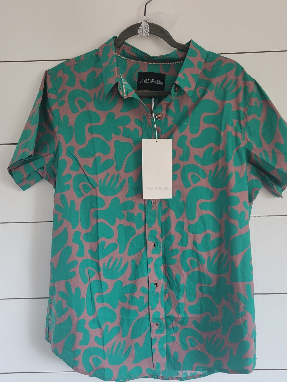 Wildfang Short-Sleeve Button-Up Shirt in Teal and Taupe NWT